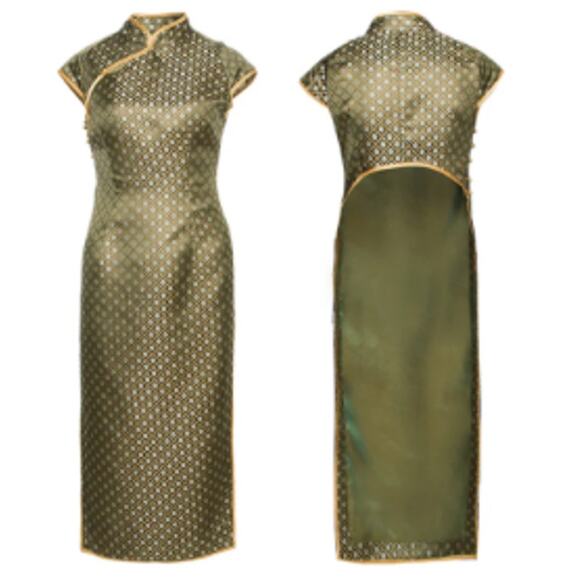 Rimless | Deep Green Jacquard Cheongsam Open Back | For Size see measurements - Picture 1 of 15